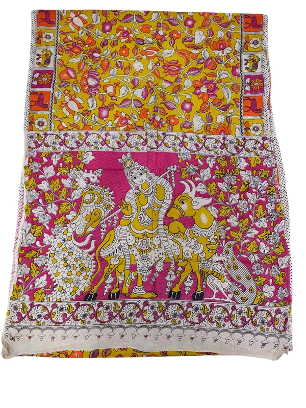 Yellow Kalamkari Pure Cotton Saree with Unstitched Blouse