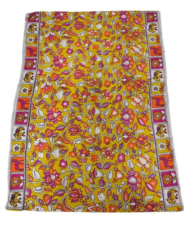 Yellow Kalamkari Pure Cotton Saree with Unstitched Blouse