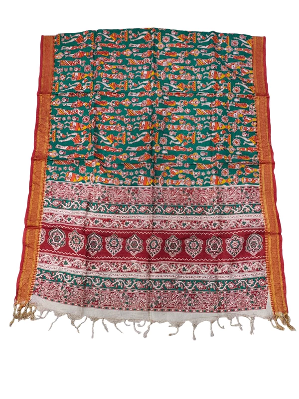 Green & Red Kalamkari Silk Dupatta for Women