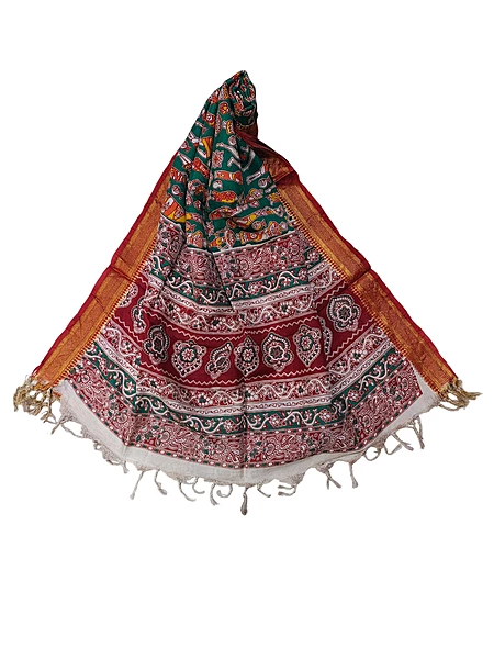 Green & Red Kalamkari Silk Dupatta for Women
