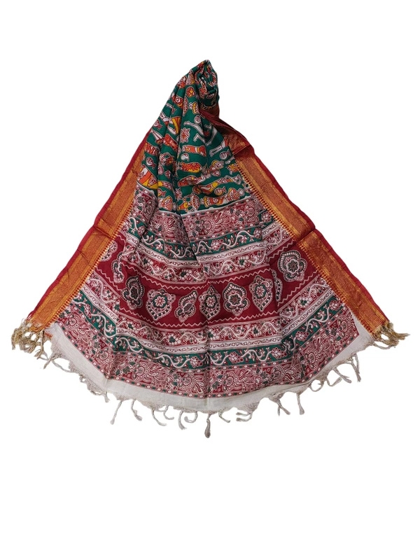 Green & Red Kalamkari Silk Dupatta for Women
