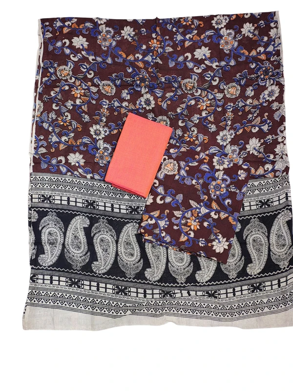 Wine & Orange Kalamkari Pure Cotton Unstitched Salwar Suit Set