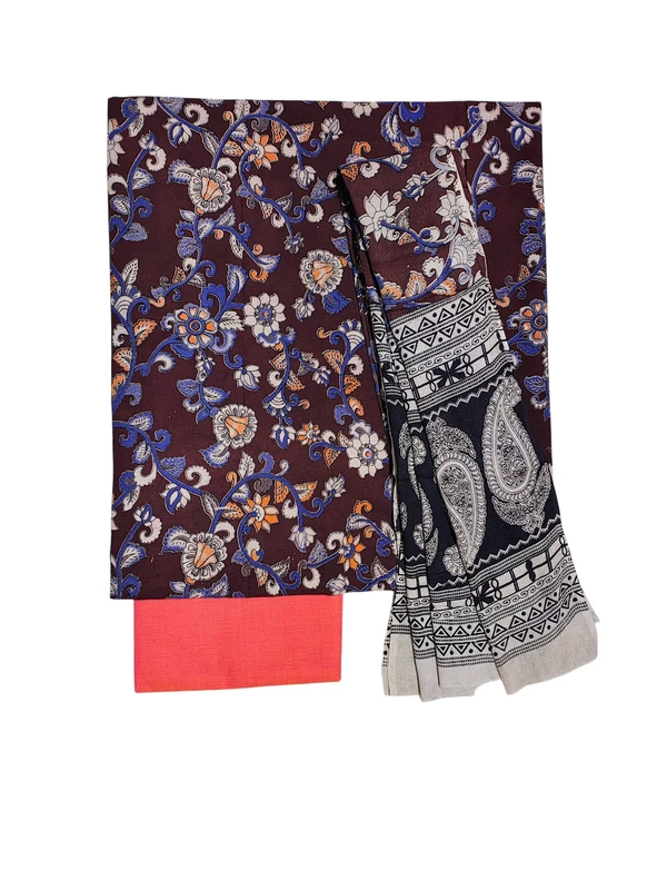 Wine & Orange Kalamkari Pure Cotton Unstitched Salwar Suit Set