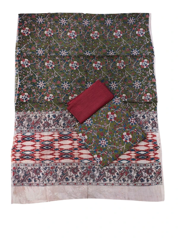 Olive Green & Maroon Kalamkari Pure Cotton Unstitched Salwar Suit Set