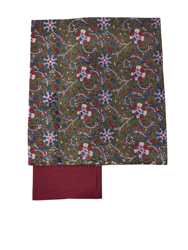 Olive Green & Maroon Kalamkari Pure Cotton Unstitched Salwar Suit Set