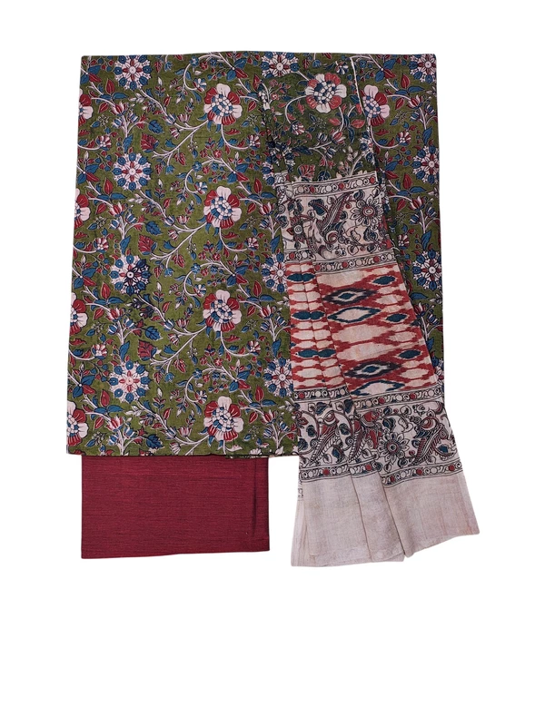 Olive Green & Maroon Kalamkari Pure Cotton Unstitched Salwar Suit Set