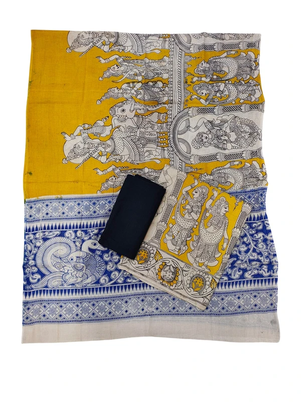 Mustard & Black Kalamkari Pure Cotton Unstitched Salwar Suit Set