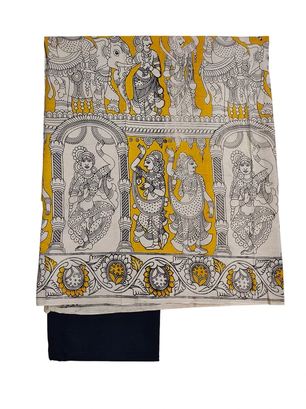 Mustard & Black Kalamkari Pure Cotton Unstitched Salwar Suit Set