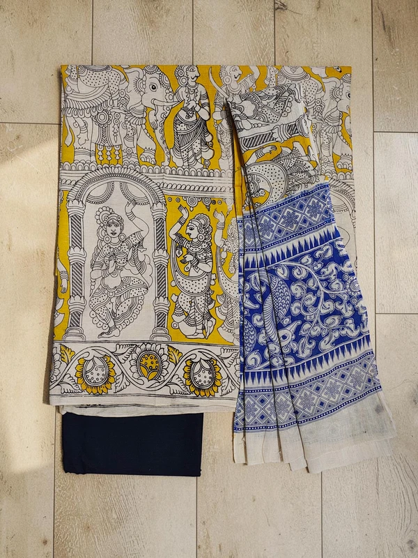 Mustard & Black Kalamkari Pure Cotton Unstitched Salwar Suit Set