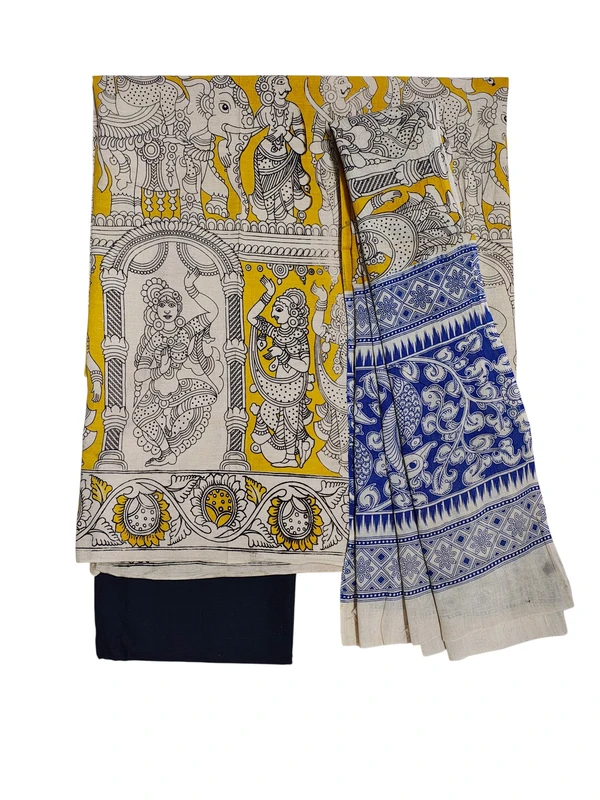 Mustard & Black Kalamkari Pure Cotton Unstitched Salwar Suit Set