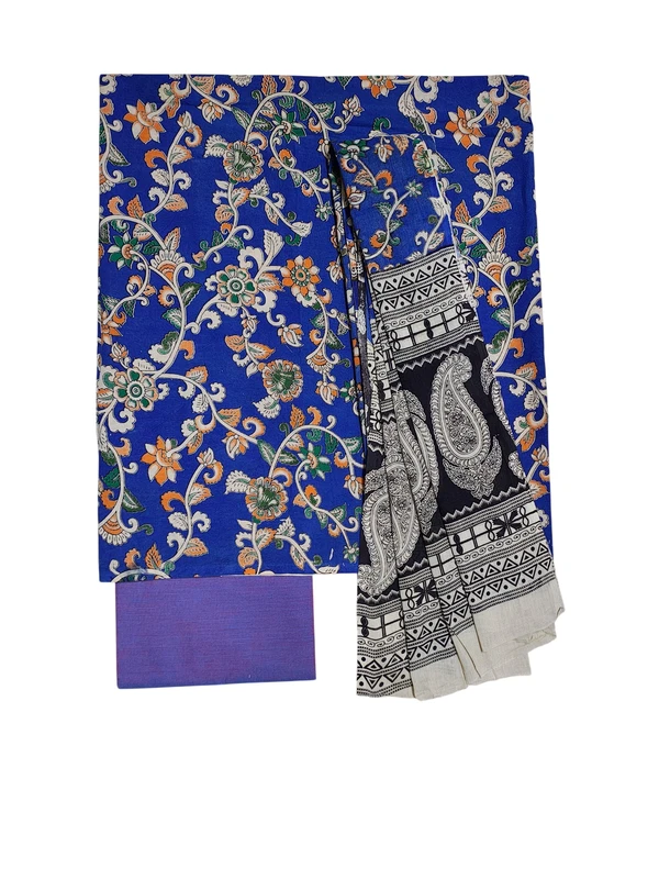Navy Blue Kalamkari Pure Cotton Unstitched Salwar Suit Set