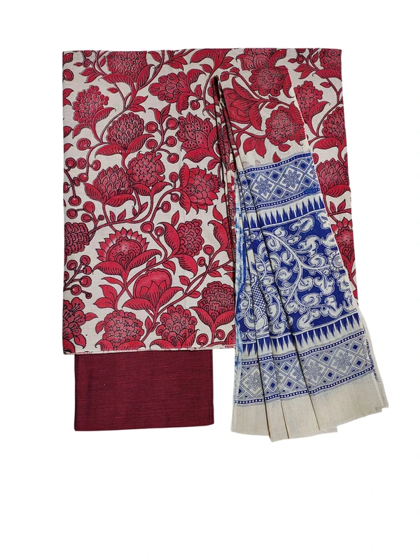 Maroon Kalamkari Pure Cotton Unstitched Salwar Suit Set