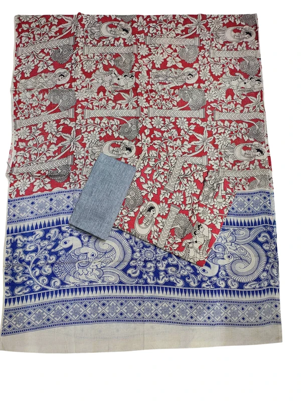 Red & Grey Kalamkari Pure Cotton Unstitched Salwar Suit Set