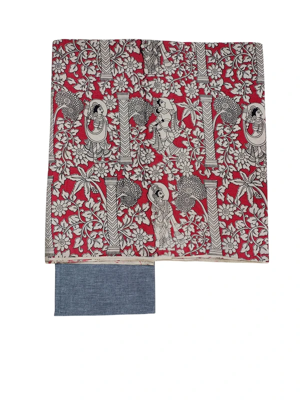Red & Grey Kalamkari Pure Cotton Unstitched Salwar Suit Set