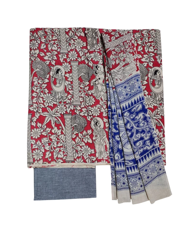 Red & Grey Kalamkari Pure Cotton Unstitched Salwar Suit Set