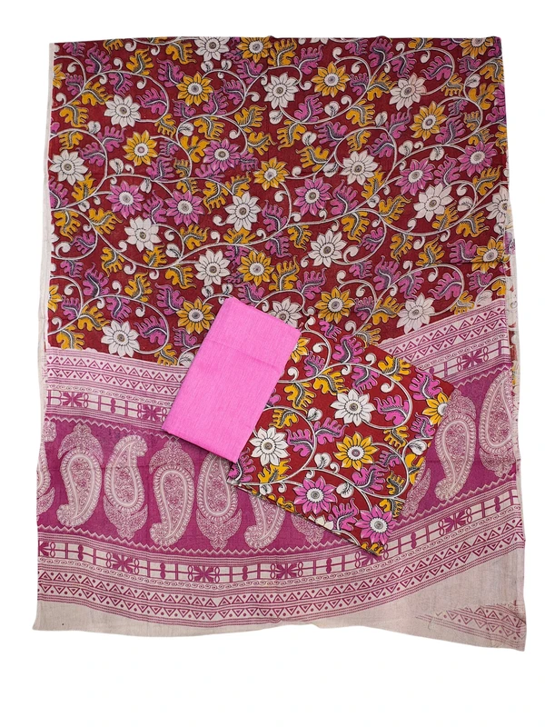 Maroon & Pink Kalamkari Pure Cotton Unstitched Salwar Suit Set