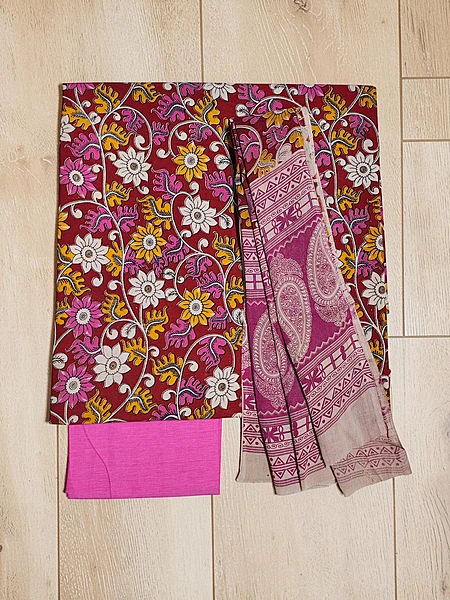 Maroon & Pink Kalamkari Pure Cotton Unstitched Salwar Suit Set