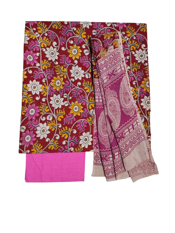 Maroon & Pink Kalamkari Pure Cotton Unstitched Salwar Suit Set