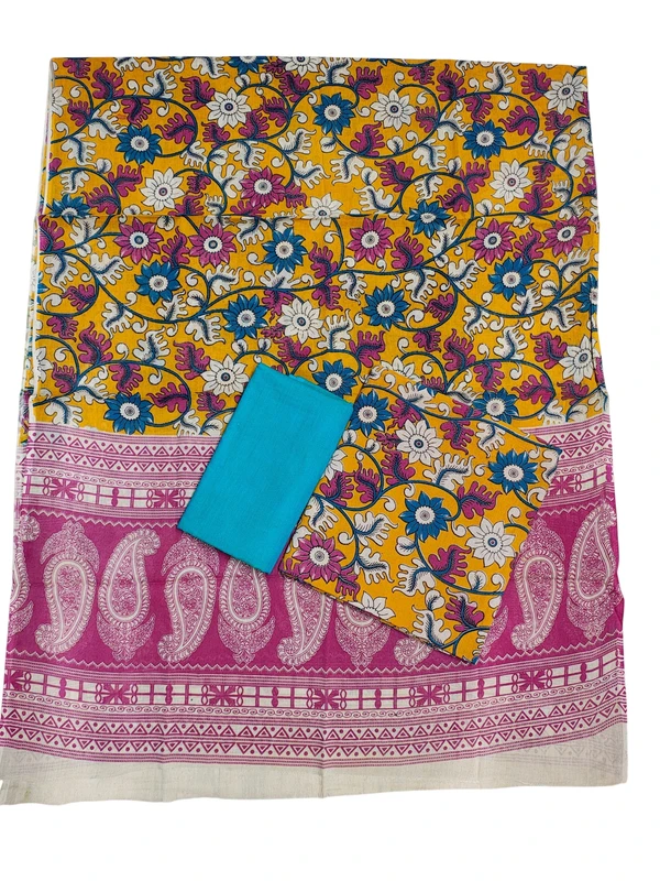 Mustard & Firoza Kalamkari Pure Cotton Unstitched Salwar Suit Set