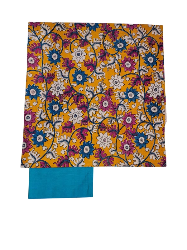 Mustard & Firoza Kalamkari Pure Cotton Unstitched Salwar Suit Set