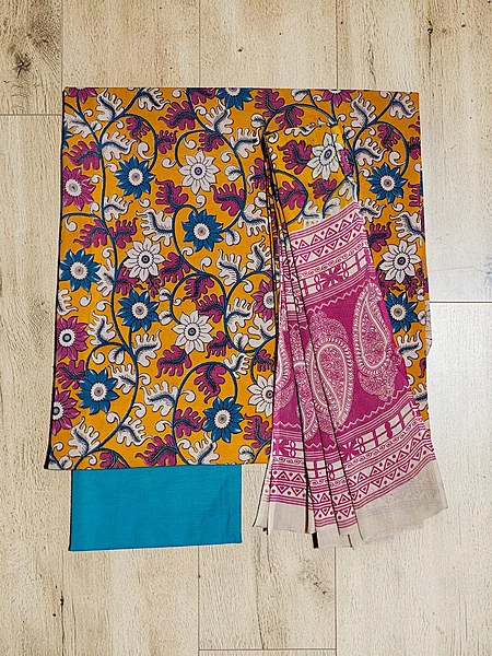 Mustard & Firoza Kalamkari Pure Cotton Unstitched Salwar Suit Set