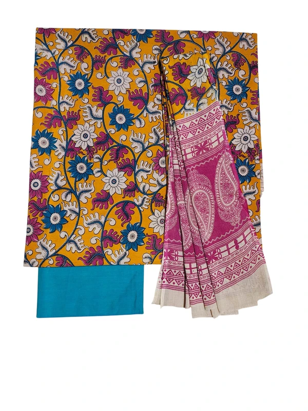 Mustard & Firoza Kalamkari Pure Cotton Unstitched Salwar Suit Set