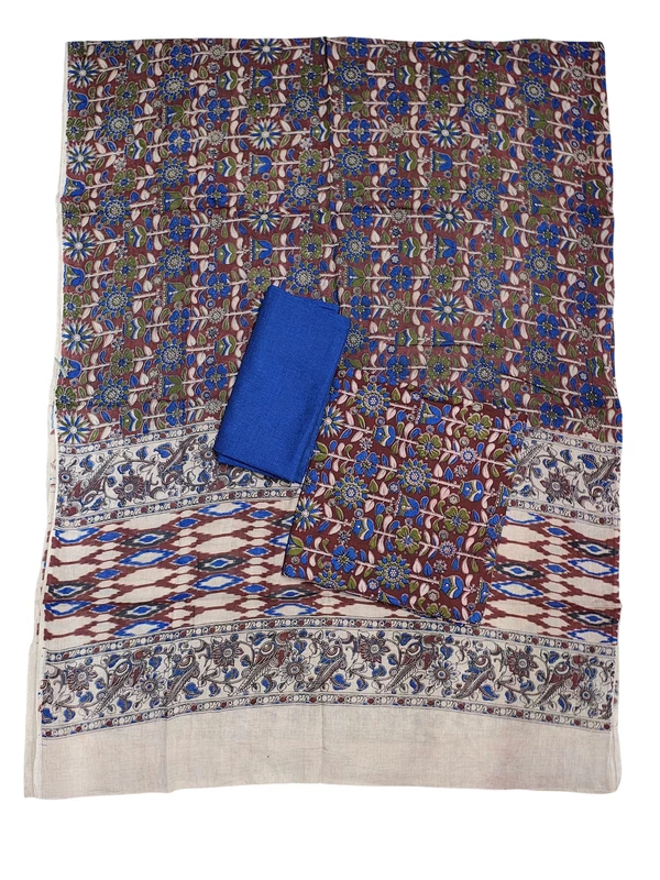 Wine & Blue Kalamkari Pure Cotton Unstitched Salwar Suit Set