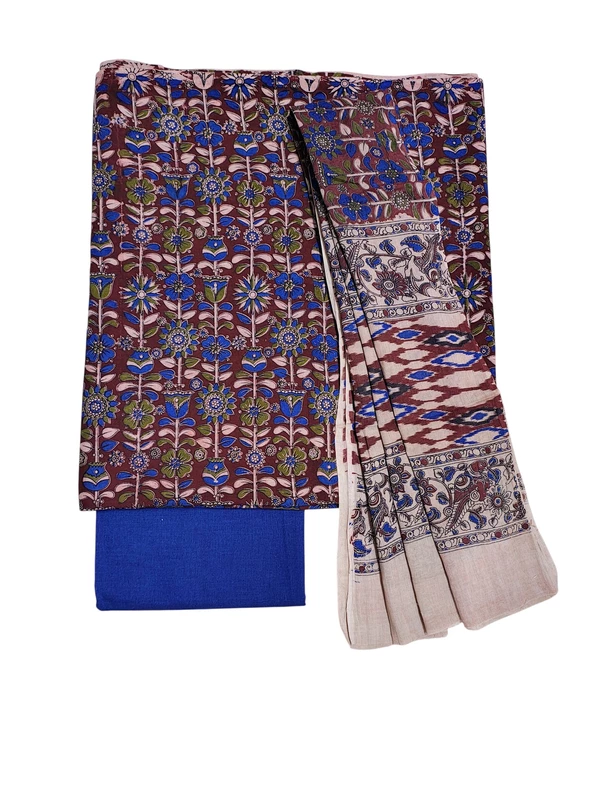Wine & Blue Kalamkari Pure Cotton Unstitched Salwar Suit Set