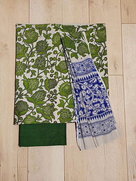 Dark Green Kalamkari Pure Cotton Unstitched Salwar Suit Set