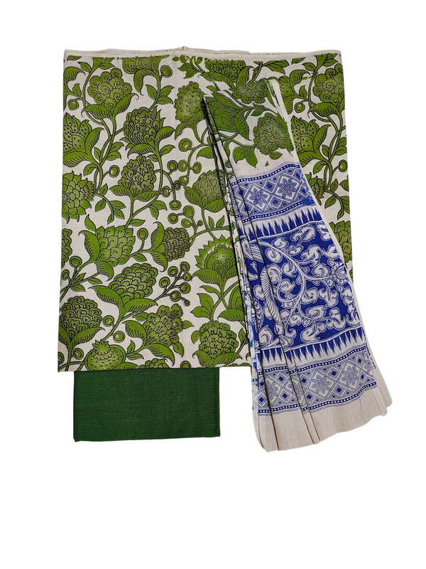 Dark Green Kalamkari Pure Cotton Unstitched Salwar Suit Set