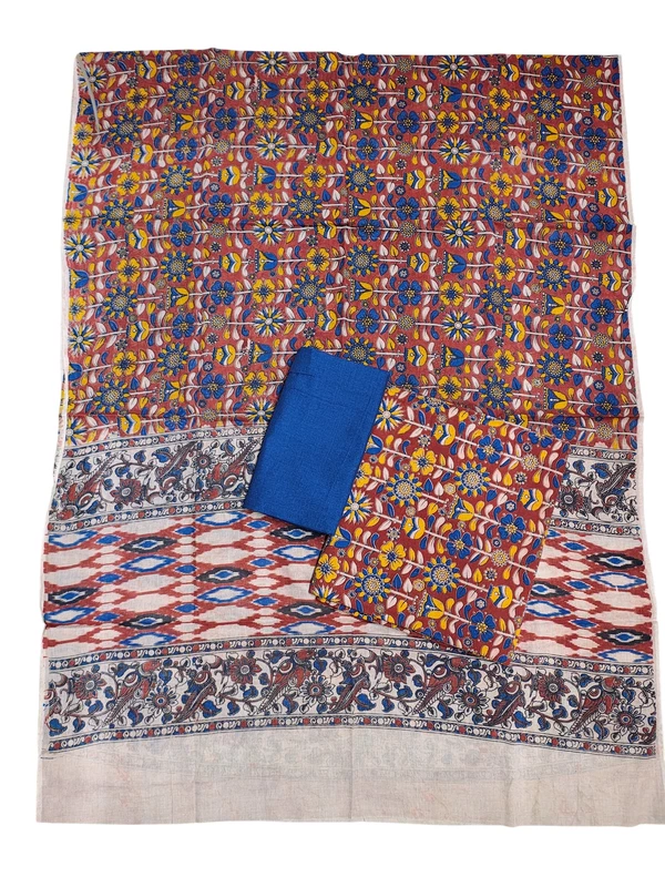 Maroon & Blue Kalamkari Pure Cotton Unstitched Salwar Suit Set