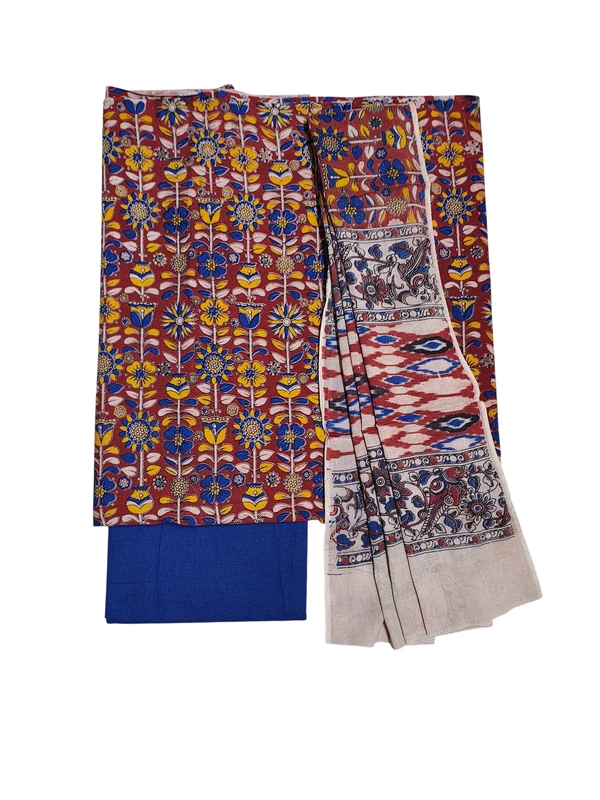 Maroon & Blue Kalamkari Pure Cotton Unstitched Salwar Suit Set