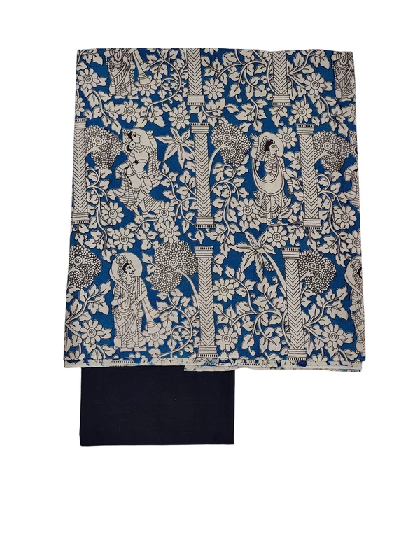 Indigo & Black Kalamkari Pure Cotton Unstitched Salwar Suit Set