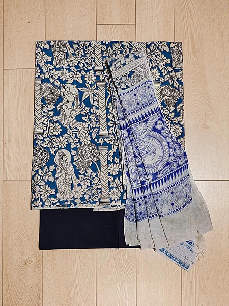 Indigo & Black Kalamkari Pure Cotton Unstitched Salwar Suit Set
