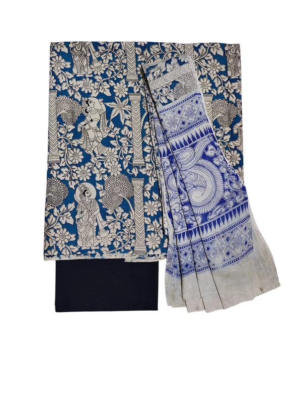 Indigo & Black Kalamkari Pure Cotton Unstitched Salwar Suit Set