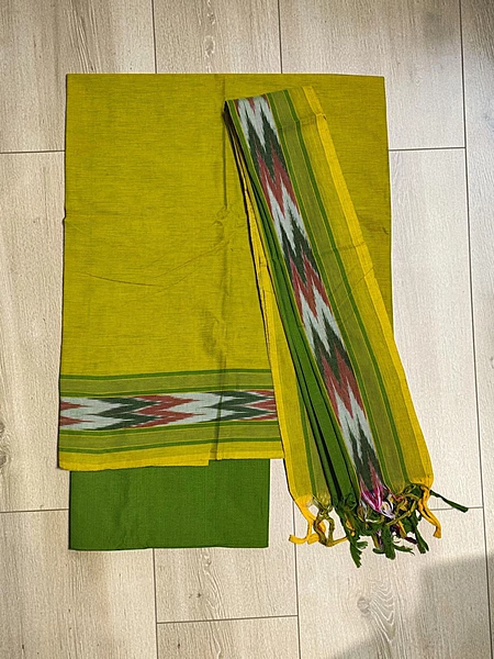 Green Checks Pure Cotton Unstitched Salwar Suit Set with Dupatta for Women