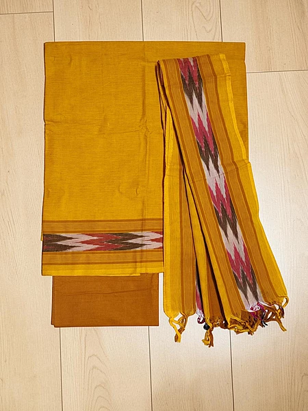 Mustard Mangalagiri Cotton Unstitched Salwar Suit Set with Dupatta for Women