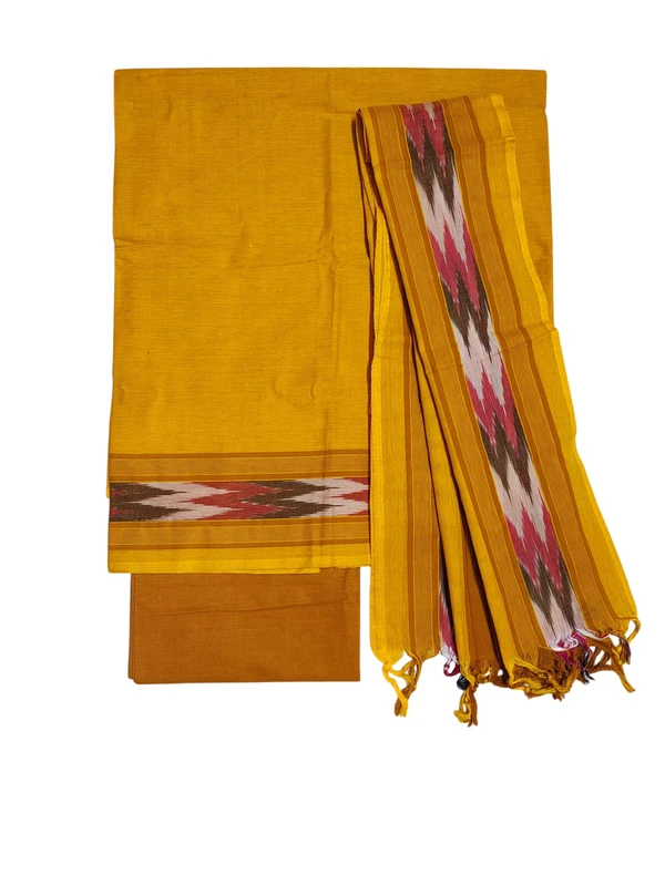 Mustard Mangalagiri Cotton Unstitched Salwar Suit Set with Dupatta for Women