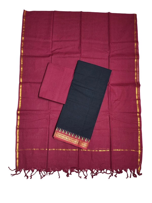 Black & Maroon Handloom Mangalagiri Cotton Dress Materials