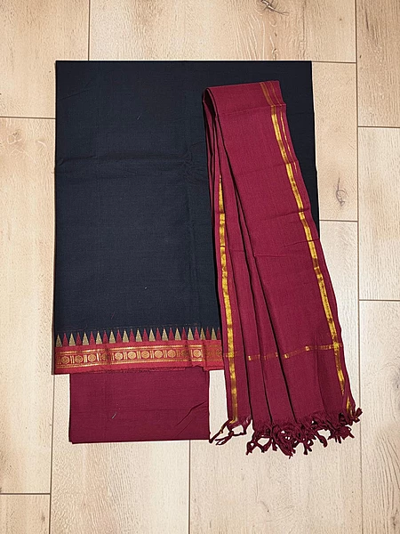 Black & Maroon Handloom Mangalagiri Cotton Dress Materials