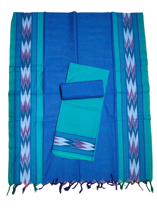Green & Blue Mangalagiri Cotton Unstitched Salwar Suit Set with Dupatta for Women