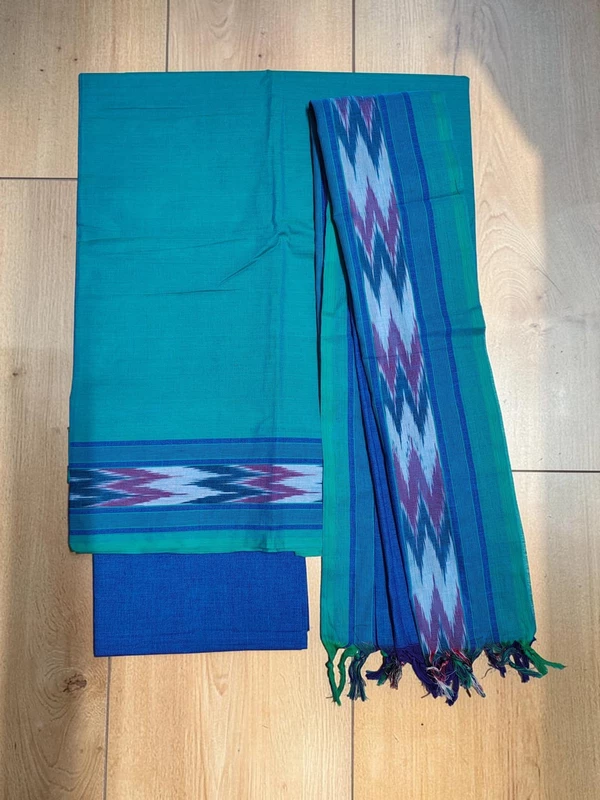 Green & Blue Mangalagiri Cotton Unstitched Salwar Suit Set with Dupatta for Women