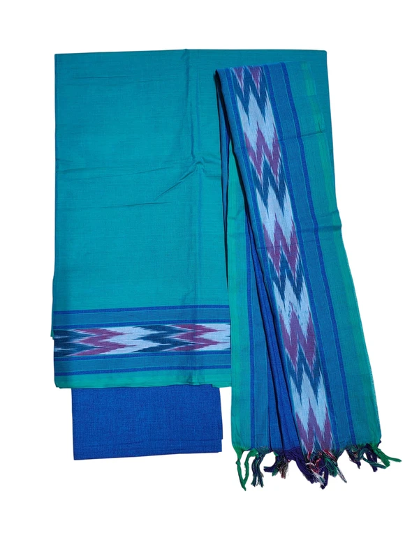 Green & Blue Mangalagiri Cotton Unstitched Salwar Suit Set with Dupatta for Women