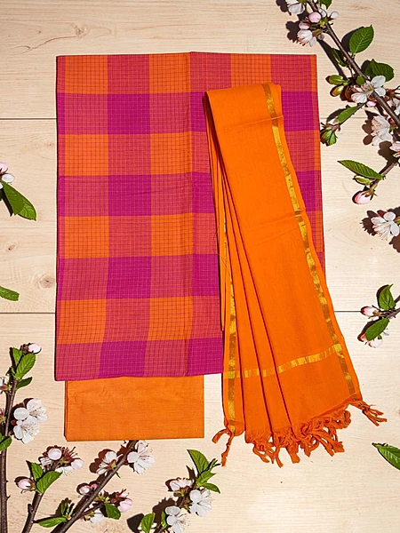 Pink & Orange Mangalagiri Cotton Unstitched Salwar Suit for Women