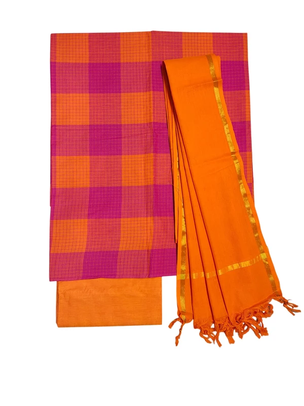 Pink & Orange Mangalagiri Cotton Unstitched Salwar Suit for Women