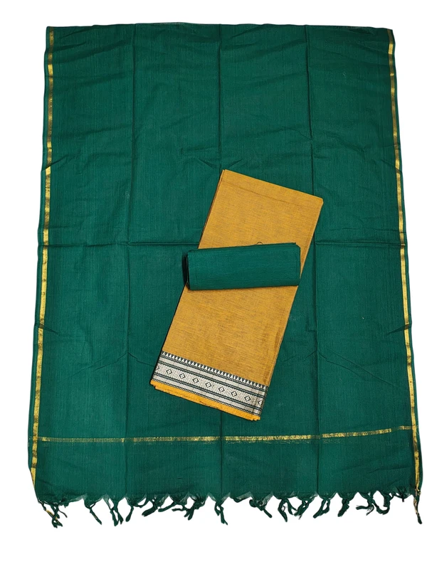 Mustard & Green Handloom Mangalagiri Cotton Dress Materials