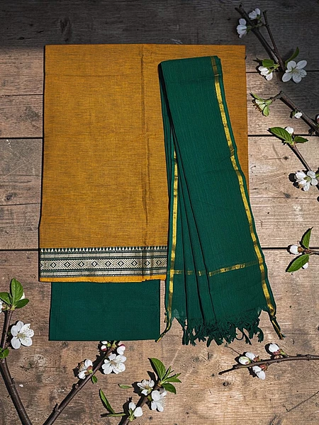 Mustard & Green Handloom Mangalagiri Cotton Dress Materials