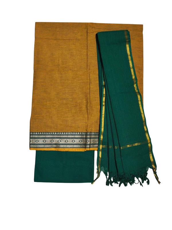 Mustard & Green Handloom Mangalagiri Cotton Dress Materials
