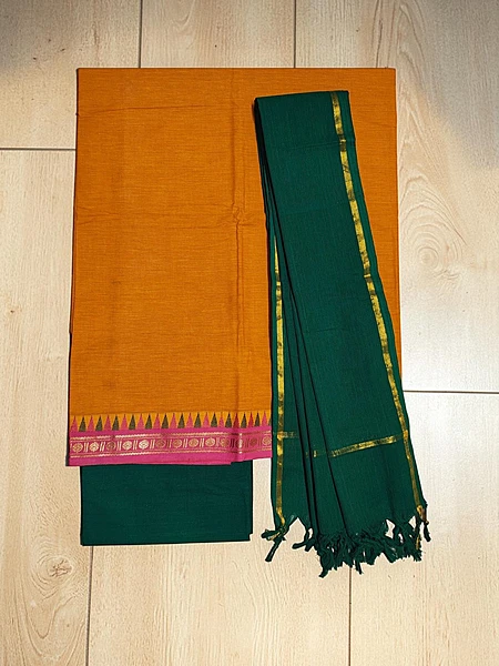 Orange & Blue Mangalagiri Cotton Unstitched Salwar Suit for Women