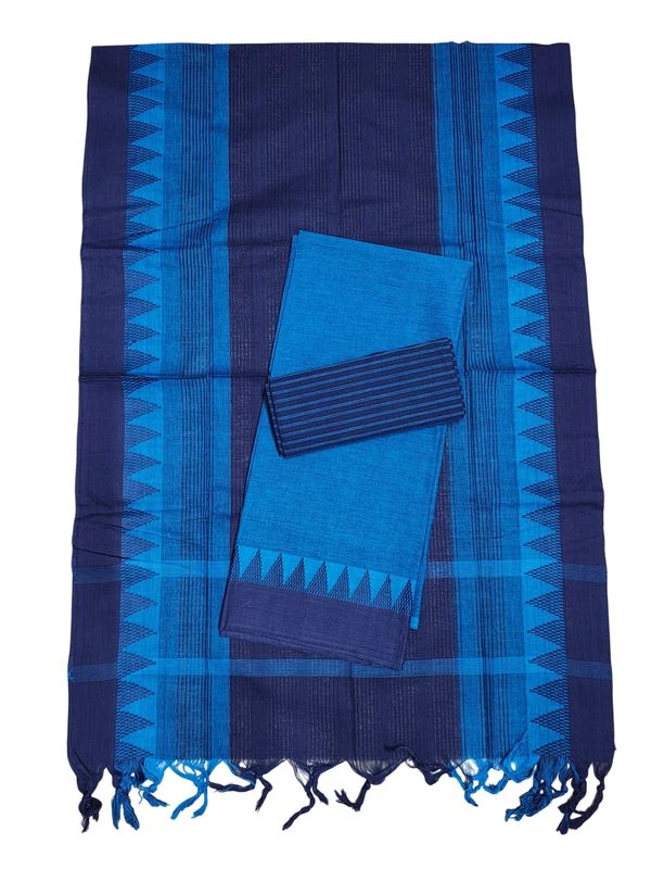 Navy Blue & Green Handloom Mangalagiri Cotton Dress Materials with Ikkat Border